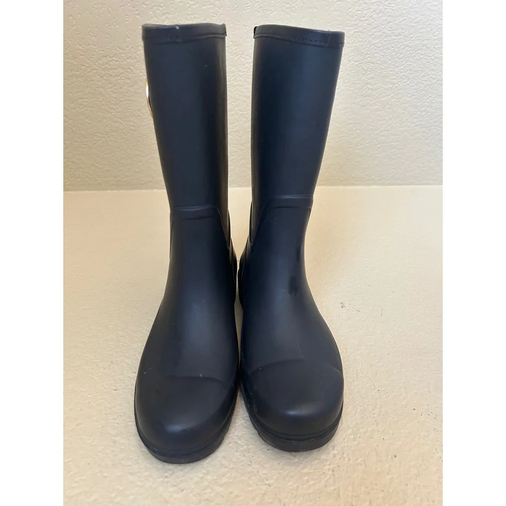 Tory Burch Maureen Rain Boots Black Rubber Logo Medallion Women's Size 8